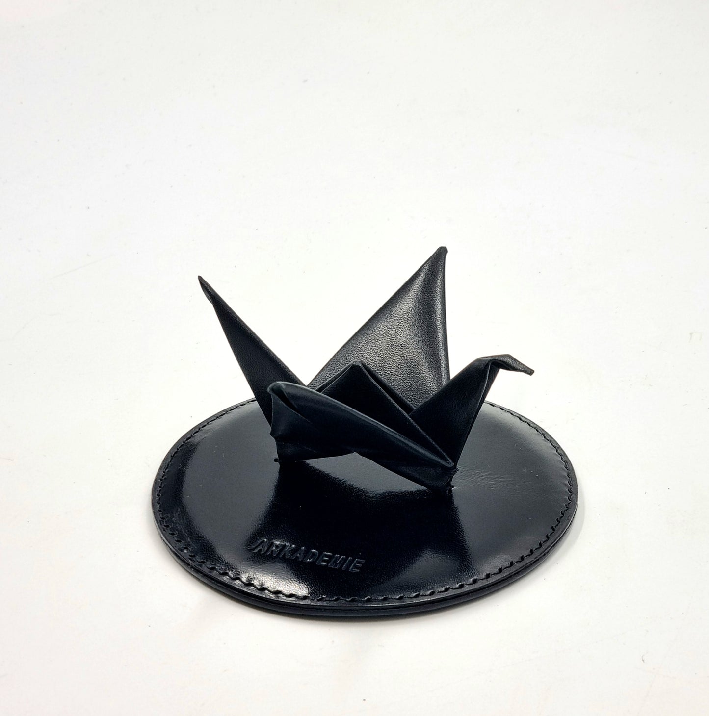 Studio Arkademie ORIZURU Leather Crane Desktop Sculpture with Circle Base