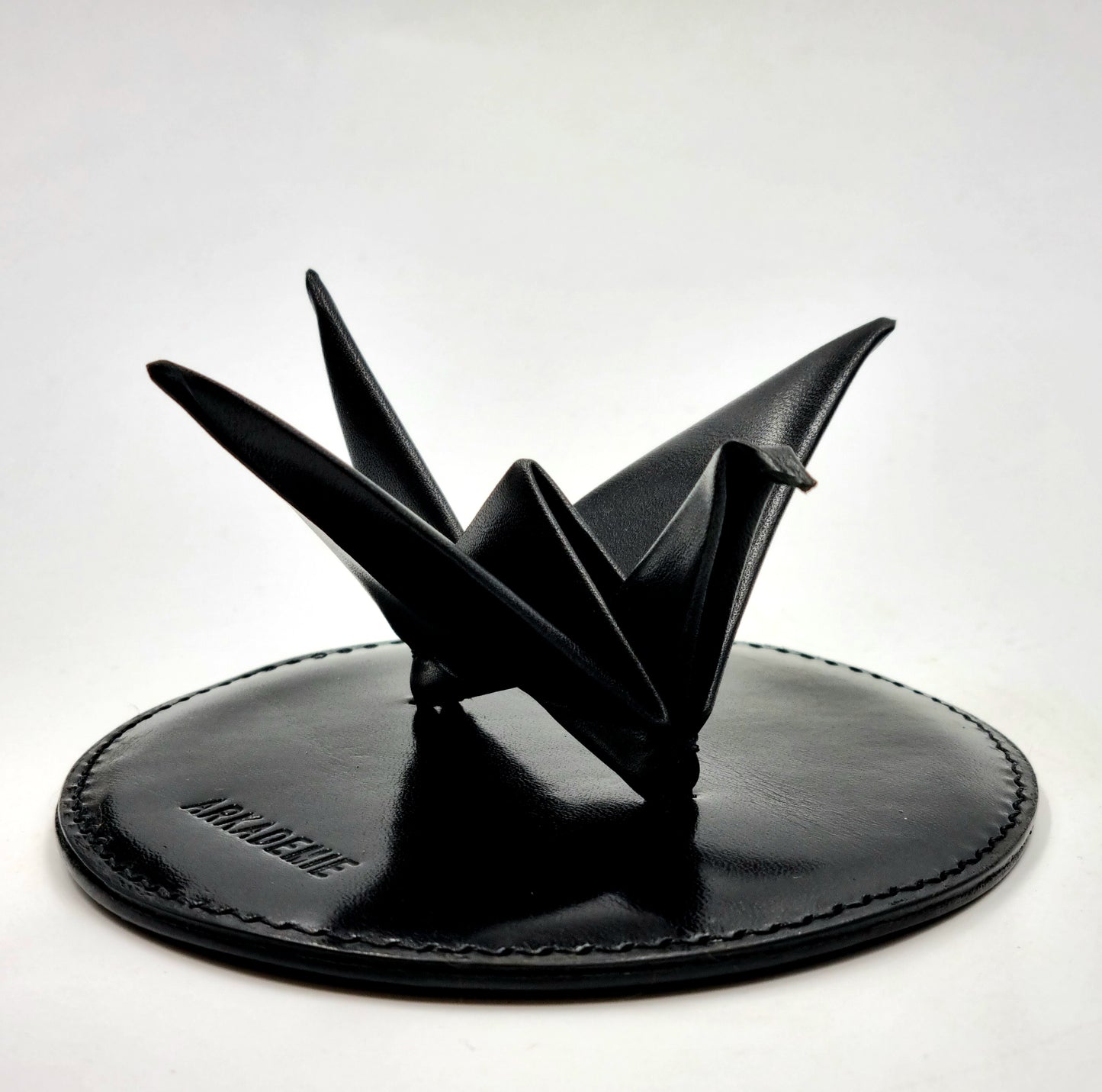 Studio Arkademie ORIZURU Leather Crane Desktop Sculpture with Circle Base