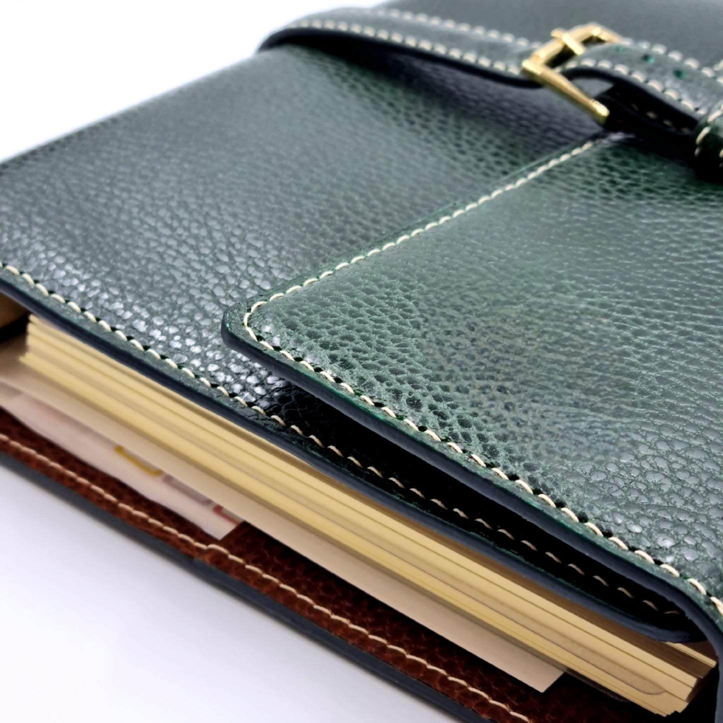 HERITAGE A5-P DOLLARO Leather 6-Ring Binder Folder, Dark Green & Brown