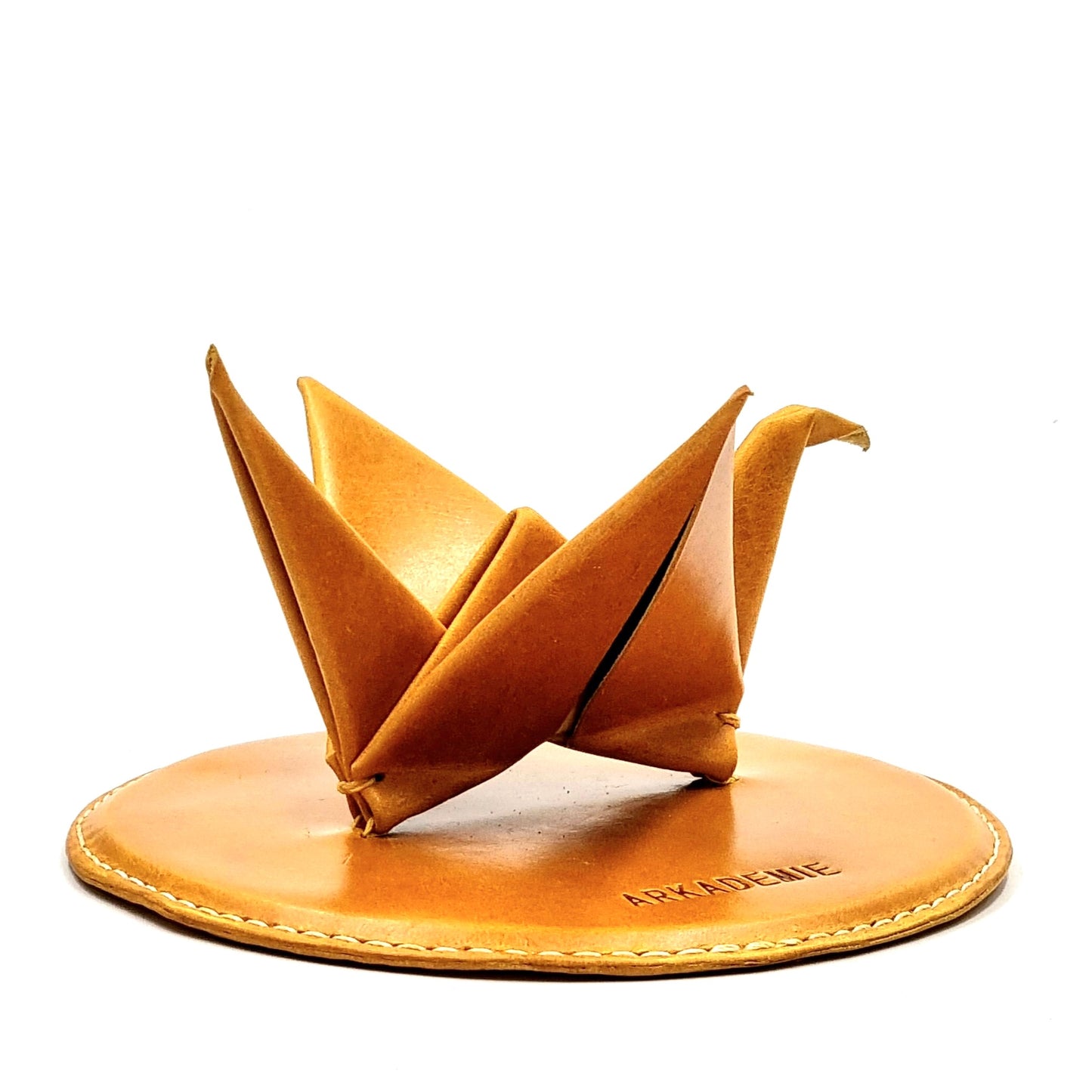 Studio Arkademie ORIZURU Leather Crane Desktop Sculpture with Circle Base